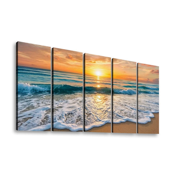 Golden Tide Sunset Beach Surf Canvas Wall Art – Ocean Waves at Dusk | 1, 3 & 5 Panel Coastal Print