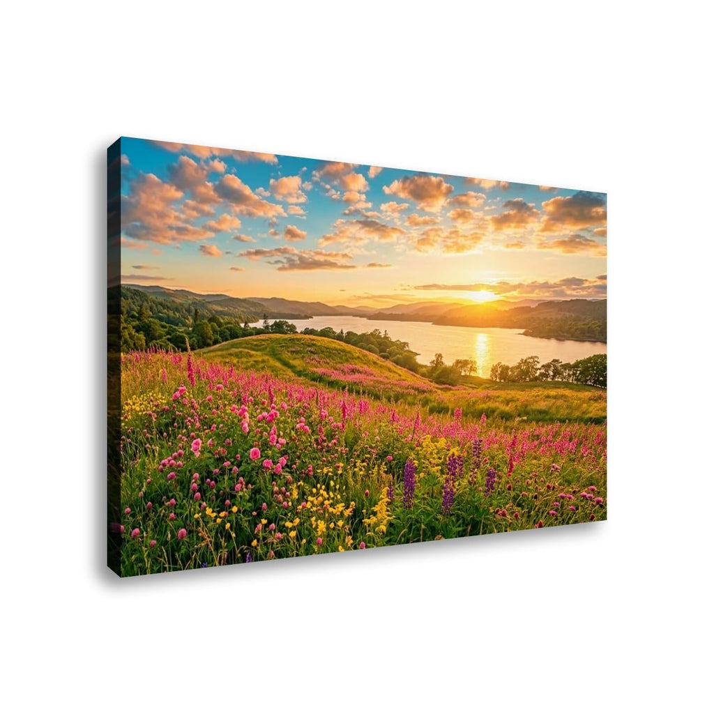 A rectangular canvas wall art print showing a colorful landscape with pink and yellow wildflowers in the foreground, hills, a lake, and a sunset sky with blue and orange clouds. The canvas is photographed at a slight angle against a plain white background.