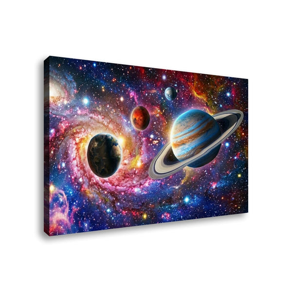 A rectangular canvas wall art print showing a colorful outer-space scene with planets, stars, and nebulae, photographed against a plain white background.