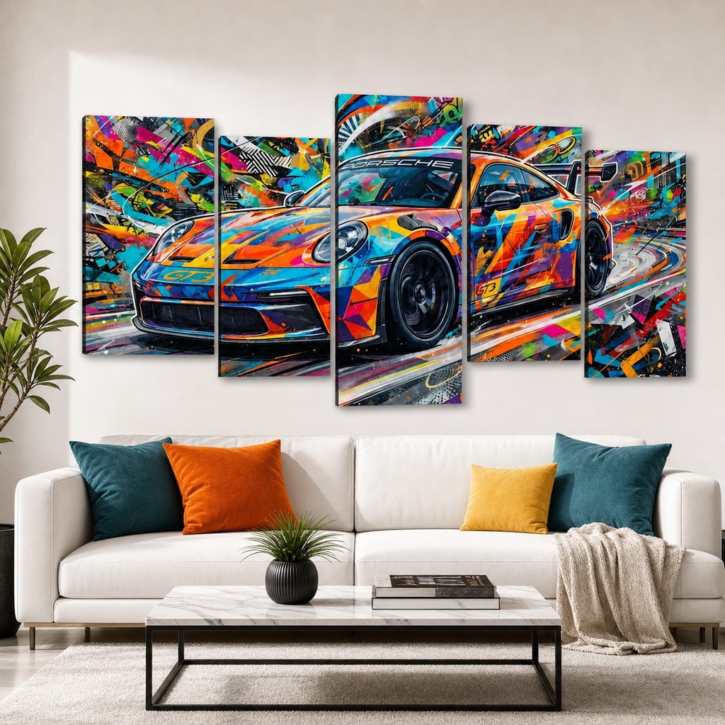 A 6-panel canvas wall art set depicting a colorful, abstract 911 GT3 sports car, displayed in a modern living room setting above a white sofa with decorative pillows.