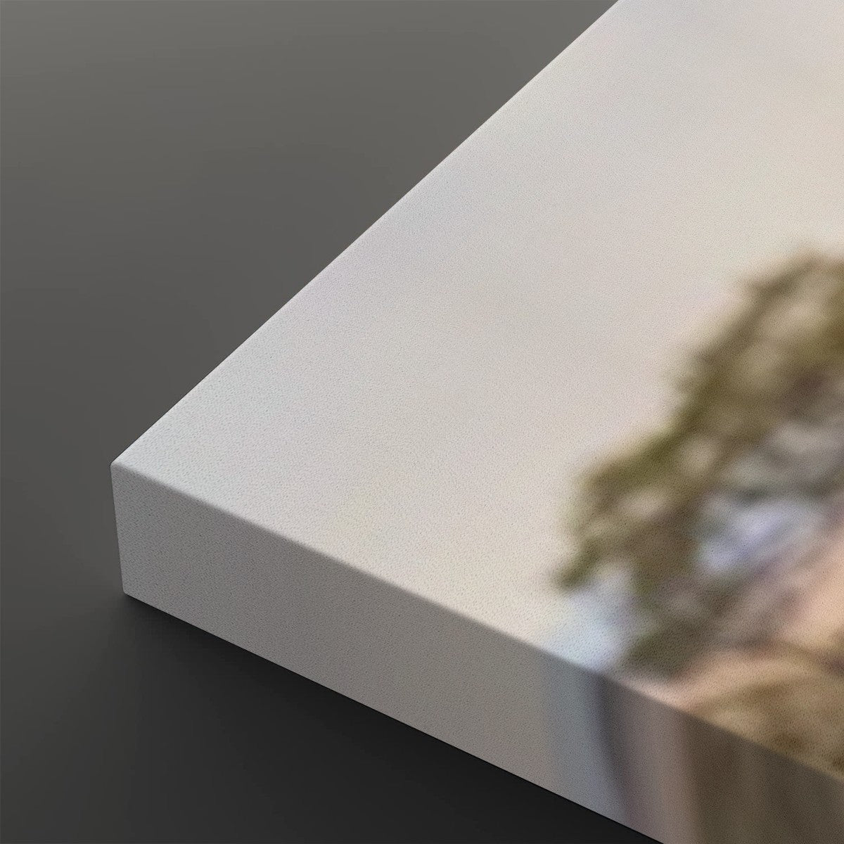 A close-up of a white rectangular canvas or print block resting on a dark gray surface, with a blurred photographic scene reflected on one side.