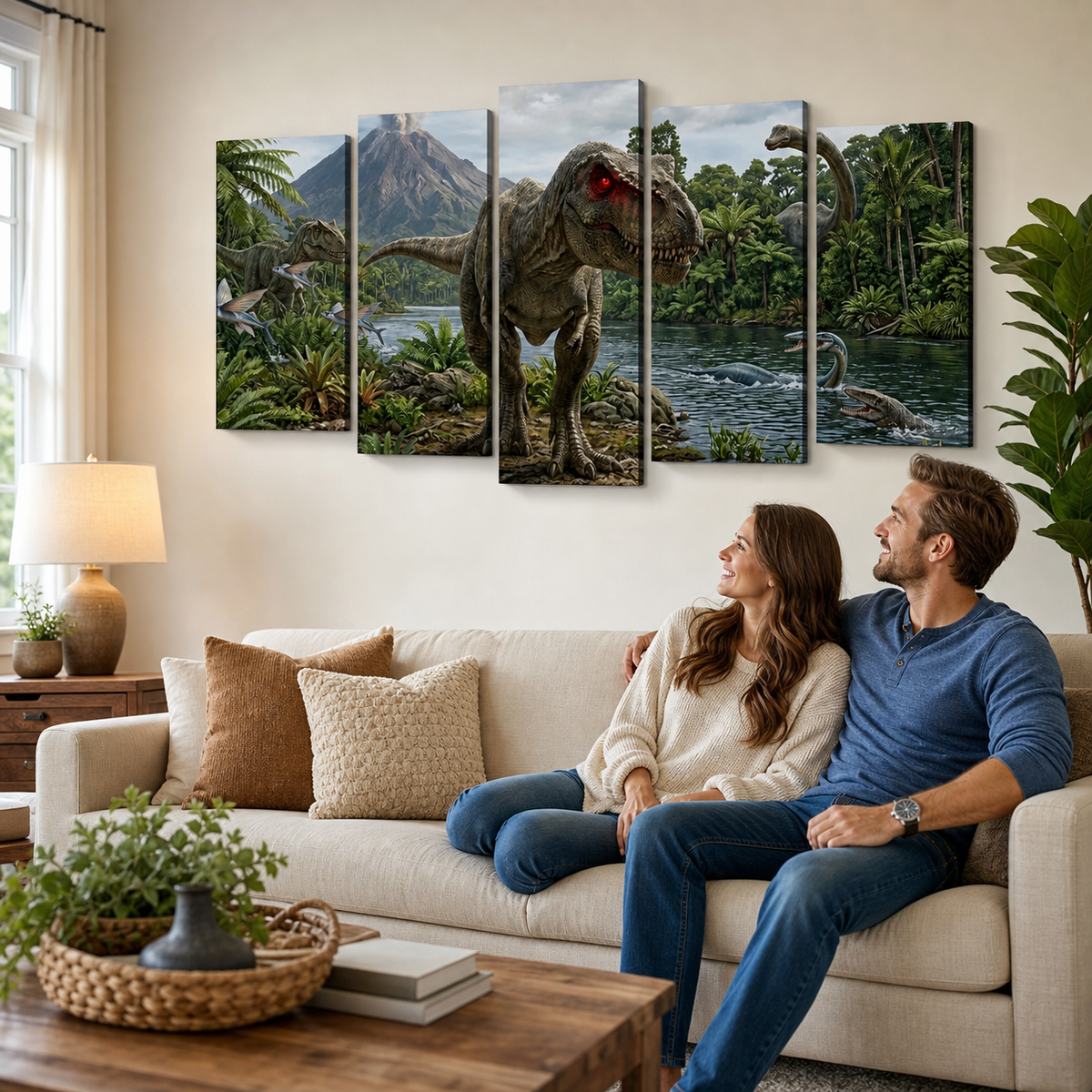 T-Rex & Carnivores Canvas Wall Art – Prehistoric Fury Dinosaur Print | 1, 3 & 5 Panel Kids & Game Room