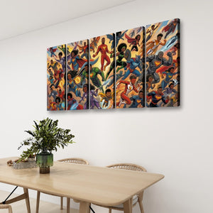 A four-panel canvas wall art set depicting a colorful collage of superheroes, displayed on a white wall above a light wood dining table with a green plant in a modern room setting.
