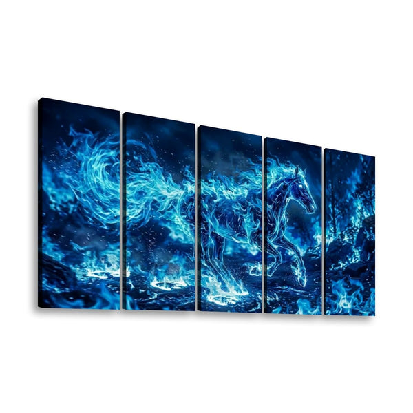 Blue Fire Horse Abstract Canvas Wall Art – Original Equine Art | 1, 3 & 5 Panel Living Room Print
