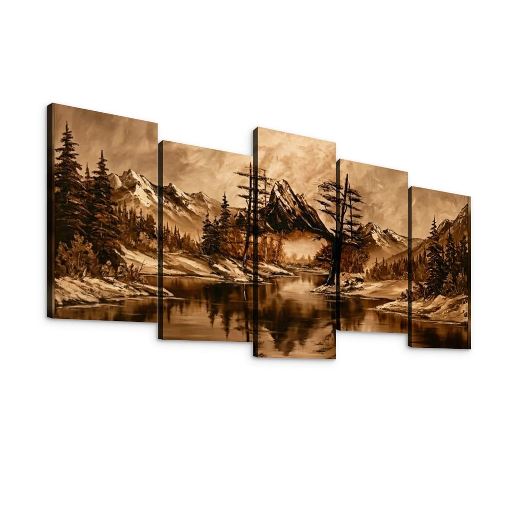 A five-panel canvas wall art set depicting a mountain landscape with snowy peaks, evergreen trees, and a reflective lake in warm sepia tones, shown against a plain white background.