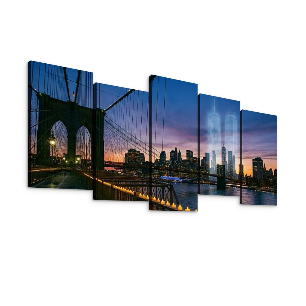 A five-panel canvas wall art set depicting the Brooklyn Bridge and New York City skyline at dusk, shown against a plain white background.