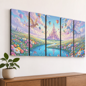 Magical Castle Hot Air Balloons & Dragons Canvas Wall Art | 1, 3 & 5 Panel Kids Fantasy Print