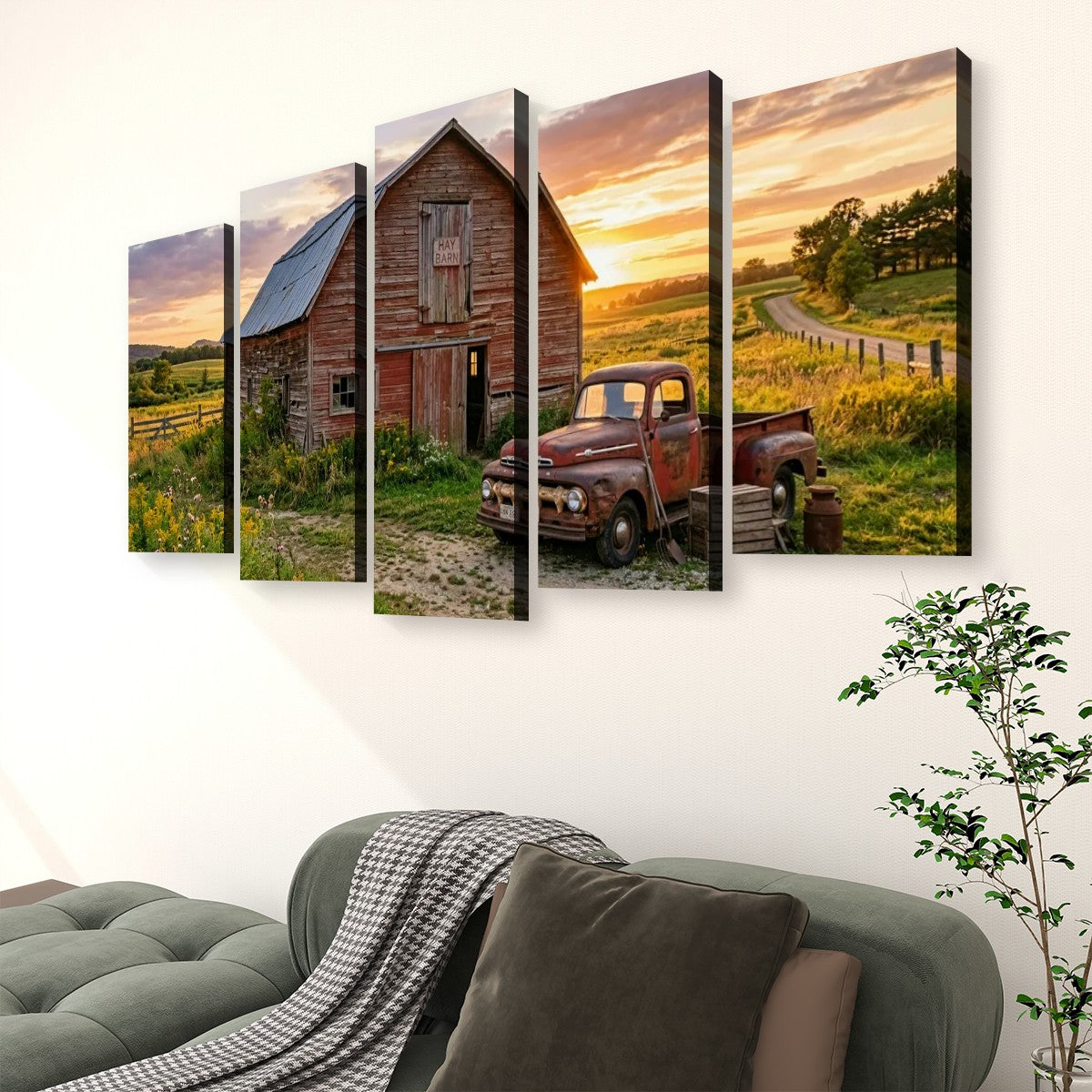 Ford F1 Pickup at Golden Hour — Rustic Bar & Sunset Canvas Wall Art