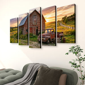 Ford F1 Pickup at Golden Hour — Rustic Bar & Sunset Canvas Wall Art