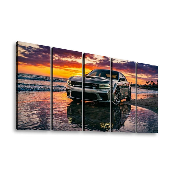 Dodge SRT Hellcat Charger Canvas Wall Art – Beach Sunset Scene | 5-Panel Level Garage Décor Print