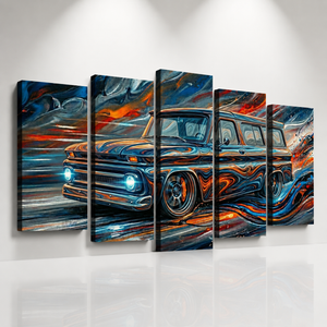 1966 Chevy Suburban Abstract Canvas Wall Art – Liquid Chrome | 1, 3 & 5 Panel Classic Truck Print