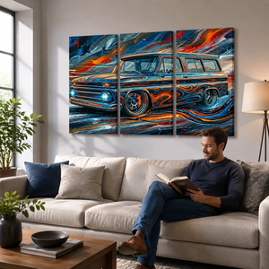 1966 Chevy Suburban Abstract Canvas Wall Art – Liquid Chrome | 1, 3 & 5 Panel Classic Truck Print