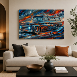 1966 Chevy Suburban Abstract Canvas Wall Art – Liquid Chrome | 1, 3 & 5 Panel Classic Truck Print