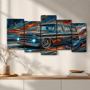 1966 Chevy Suburban Abstract Canvas Wall Art – Liquid Chrome | 1, 3 & 5 Panel Classic Truck Print