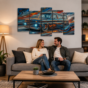 1966 Chevy Suburban Abstract Canvas Wall Art – Liquid Chrome | 1, 3 & 5 Panel Classic Truck Print