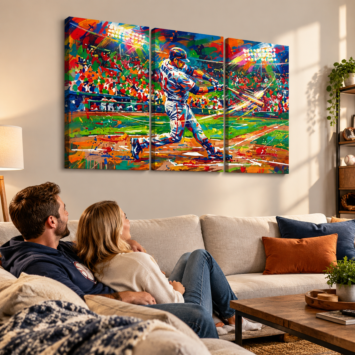 A three-panel canvas wall art set depicting a baseball player in a dynamic batting pose, rendered in a vivid, colorful pop-art style. The panels are displayed on a beige wall in a modern living room setting above a light-colored sofa with a couple watching the artwork.