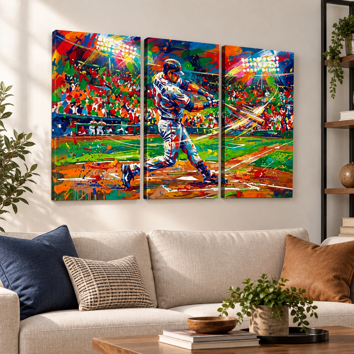 A three-panel canvas wall art set depicting a baseball player in a dynamic batting pose, rendered in a vivid, colorful impasto brushstroke style. The artwork is shown hanging on a light beige wall above a modern beige sofa with decorative pillows in a styled living room setting.