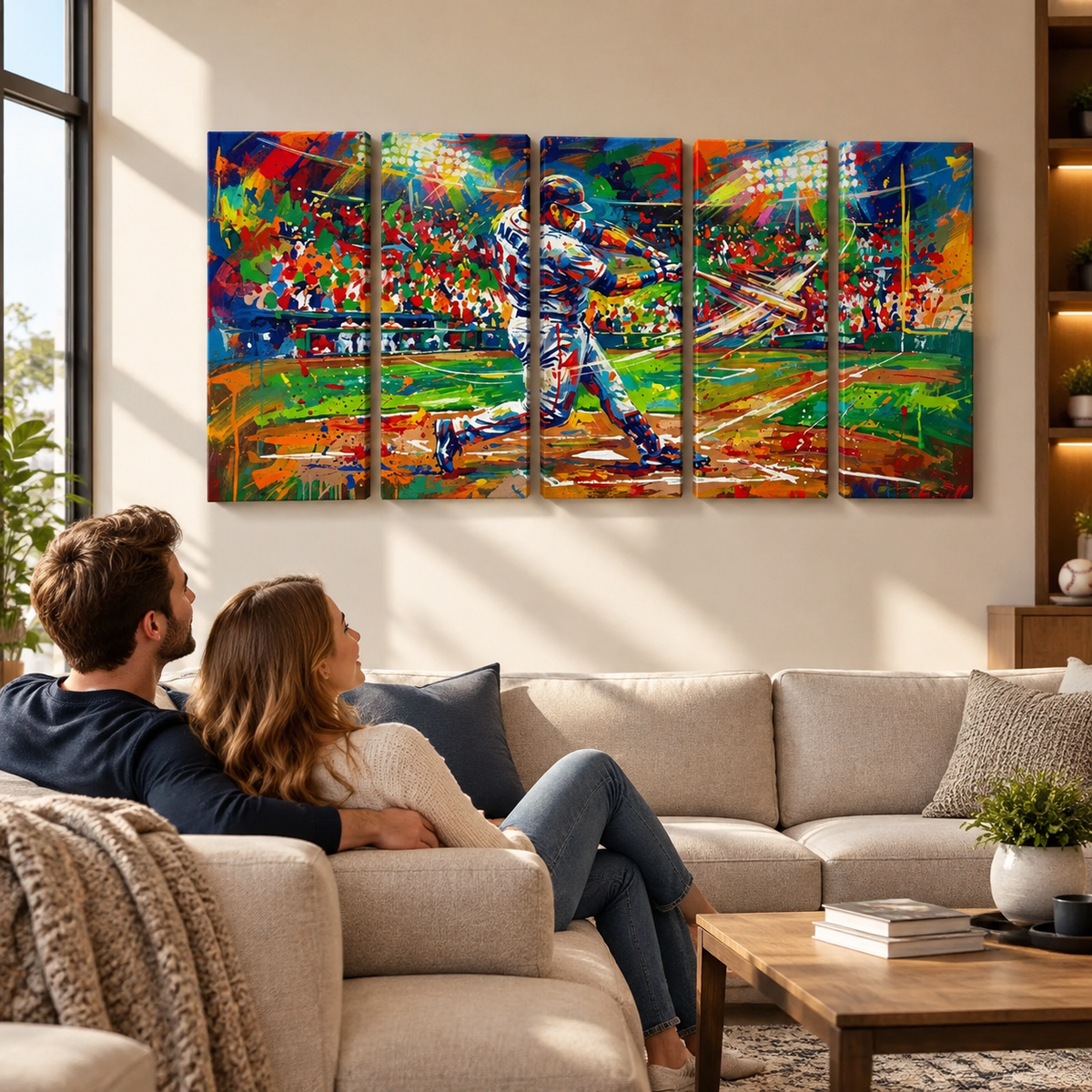 A five-panel canvas wall art set depicting a baseball player in a blue uniform running on a field, shown hanging on a beige wall above a living room sofa with a couple sitting underneath.