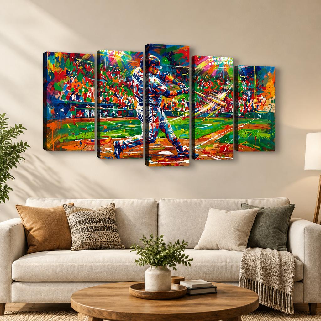 A 5-panel canvas wall art set depicting a baseball player in a dynamic batting pose, rendered in a vivid, colorful impasto painting style. The panels are displayed on a beige wall above a modern white sofa in a styled living room setting.