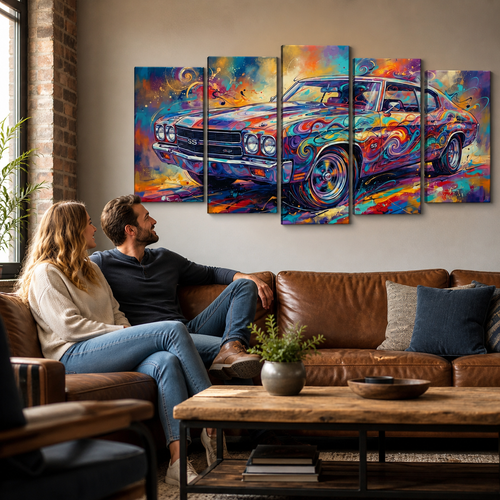 A five-panel canvas wall art set depicting a colorful, swirling abstract 1970 Chevy Chevelle muscle car, displayed in a modern living room above a brown leather sofa with a couple sitting underneath.