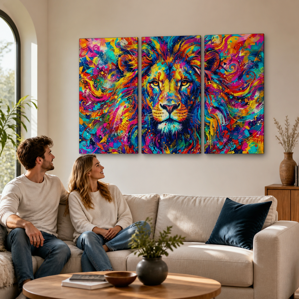 A three-panel canvas wall art set depicting a colorful, vibrant painted lion face, displayed on a beige wall above a living room sofa with a couple sitting underneath.