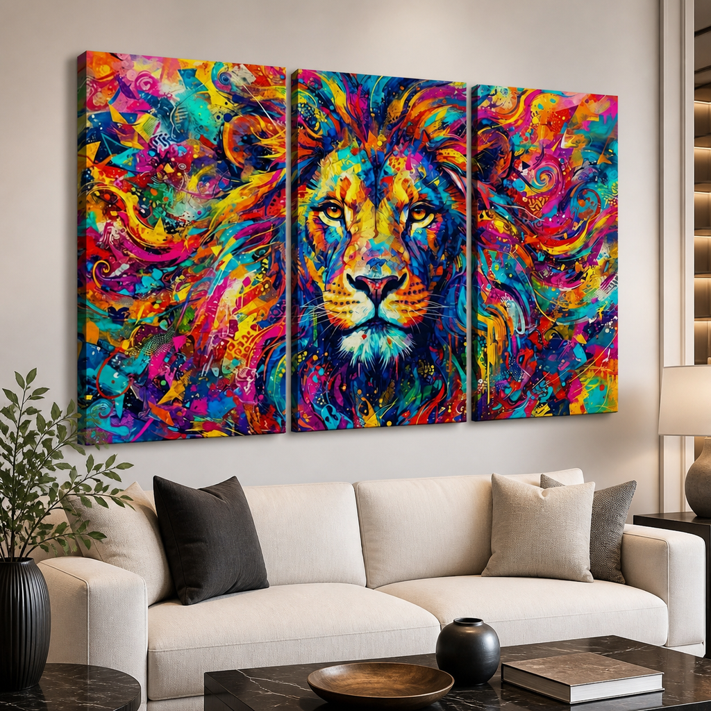A three-panel canvas wall art set depicting a colorful, vibrant lion portrait in an abstract, multicolored paint-splatter style, displayed above a modern white sofa in a living room setting.
