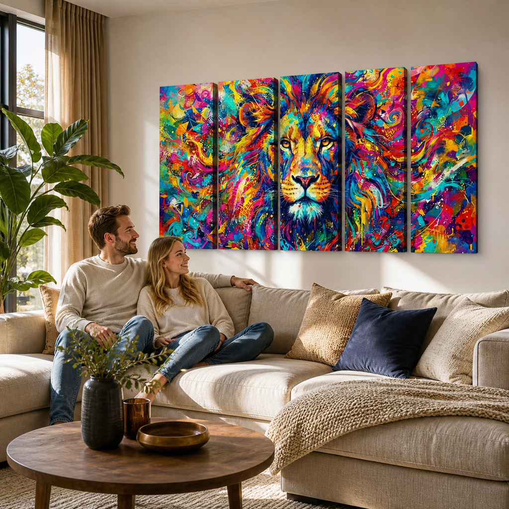A four-panel canvas wall art set featuring a colorful, vibrant painted lion portrait, displayed on a beige sectional sofa in a modern living room setting with a couple sitting underneath.