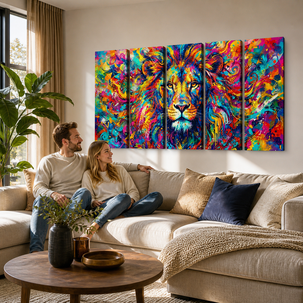 A four-panel canvas wall art set featuring a colorful, vibrant painted lion portrait, displayed on a beige sectional sofa in a modern living room setting with a couple sitting underneath.
