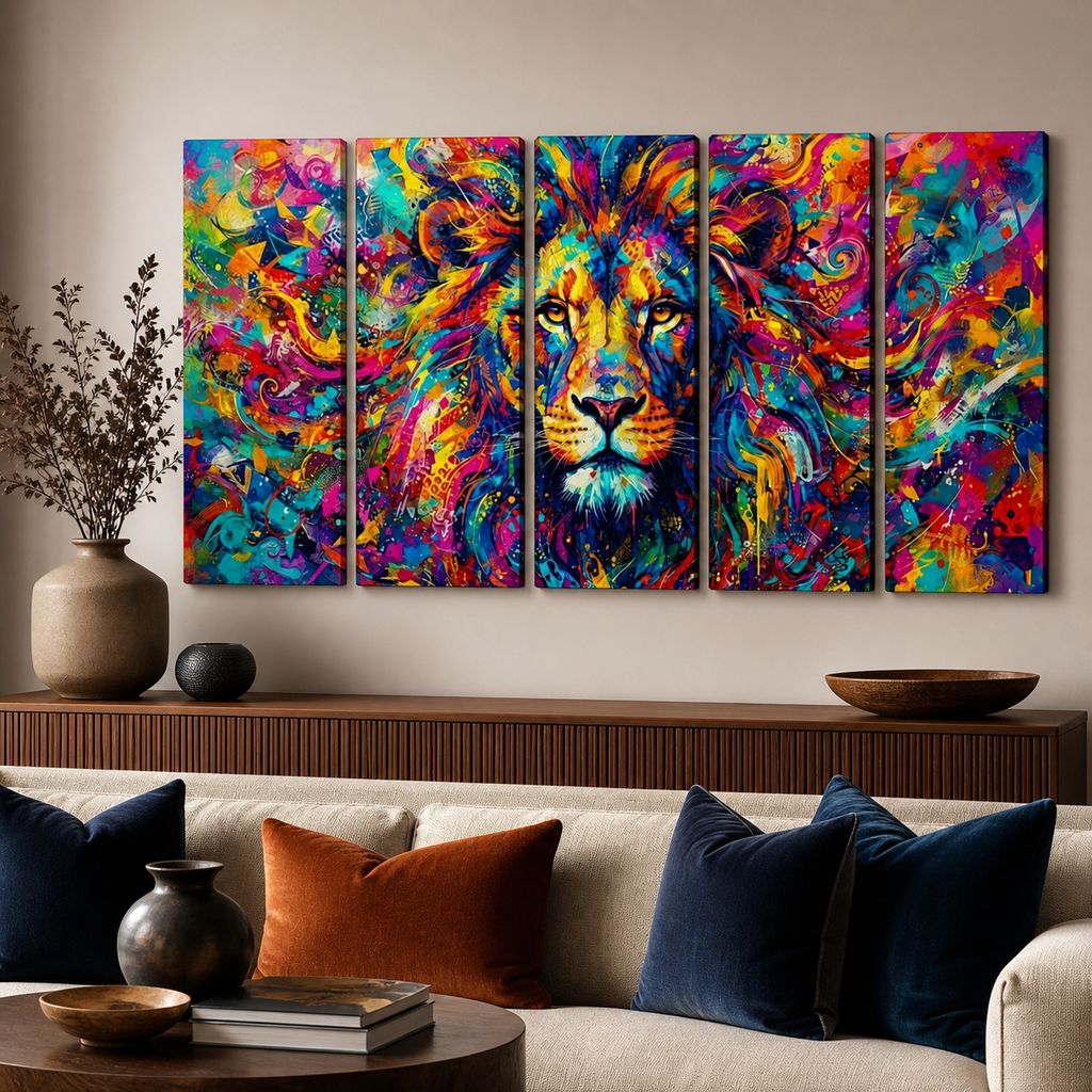 A five-panel canvas wall art set depicting a colorful, expressive lion face, displayed in a modern living room setting above a wooden console table and a beige sofa with blue and rust-colored pillows.