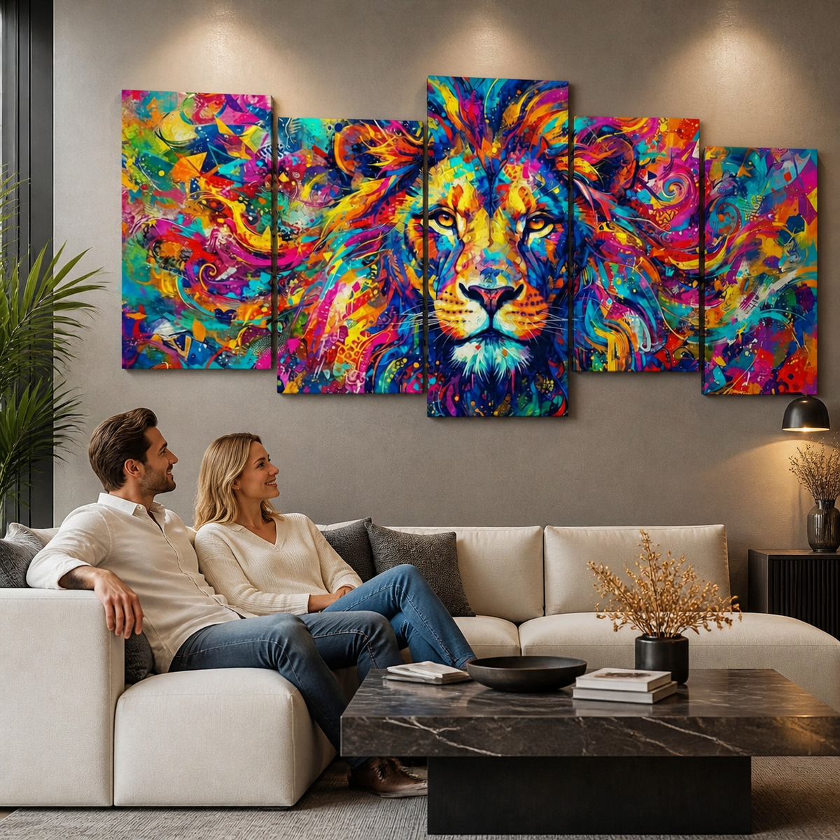 A five-panel canvas wall art set depicting a colorful, vibrant painted lion face, displayed on a gray wall above a modern beige sofa with a couple sitting on it in a living room setting.