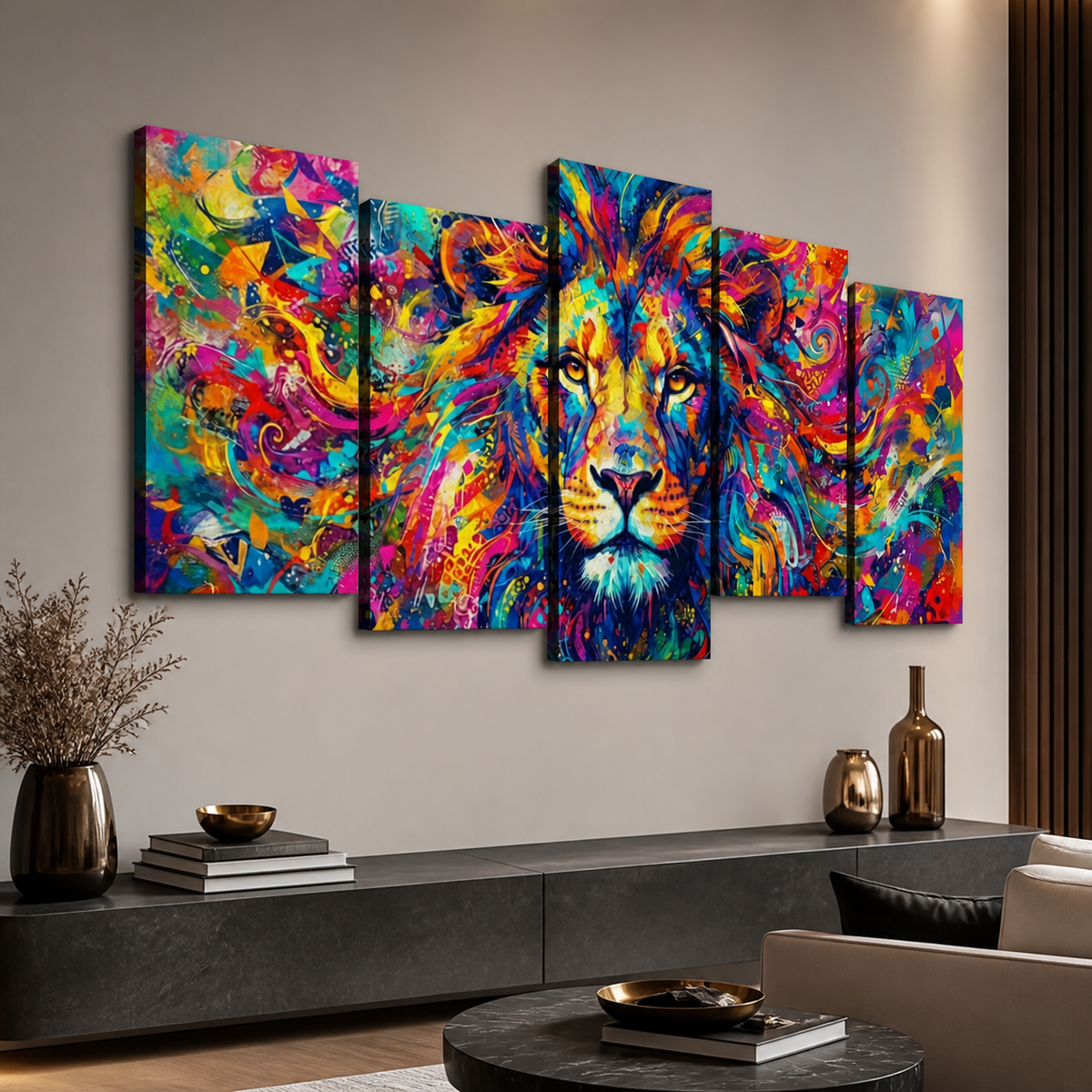 A five-panel canvas wall art set depicting a colorful, abstract lion face, displayed in a modern living room setting above a dark gray console table.