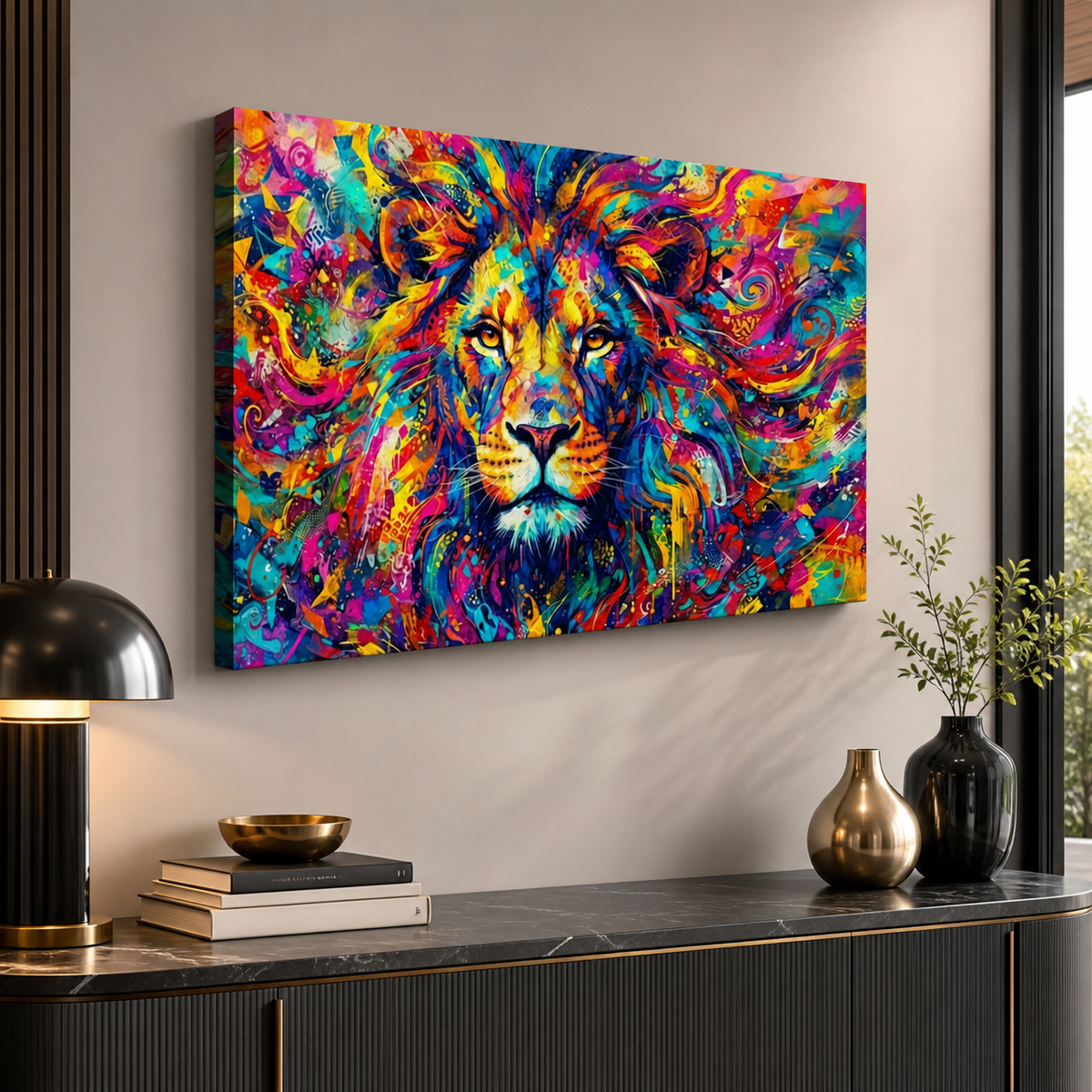 A vibrant, multicolored canvas wall art print depicting a lion's face in an expressive, painterly style, displayed on a light gray wall above a dark console table with decorative items.