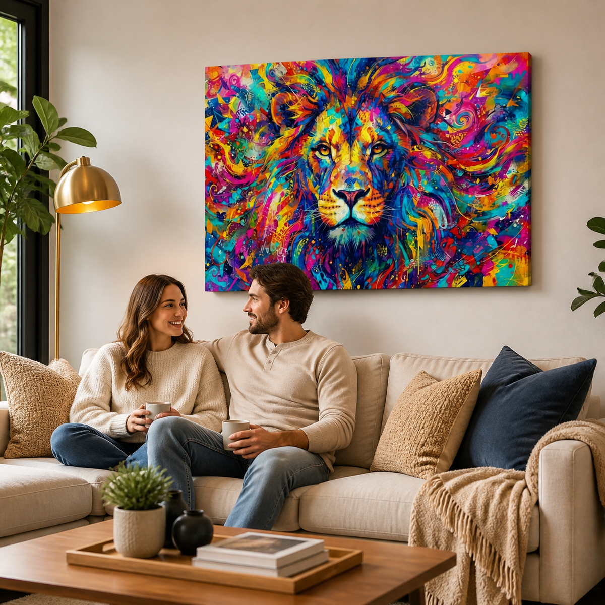A colorful canvas wall art print of a lion's face hangs above a beige sofa in a modern living room setting, with a couple sitting on the couch looking at the artwork.