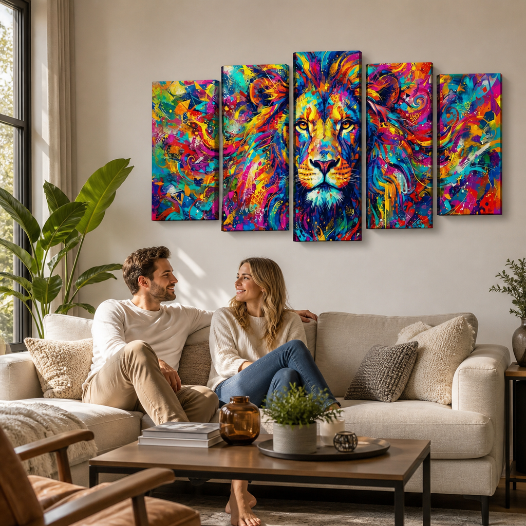 A five-panel canvas wall art set depicting a colorful, vibrant abstract lion portrait, displayed on a beige wall in a modern living room setting above a sofa with a couple sitting on it.