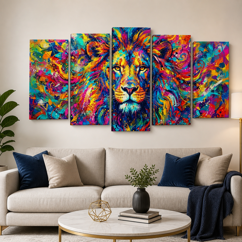 A five-panel canvas wall art set depicting a colorful, abstract lion face, displayed above a beige sofa in a modern living room setting.