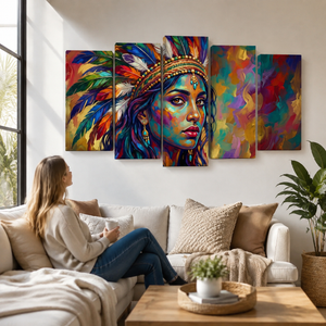 A five-panel canvas wall art set depicting a colorful, stylized portrait of a woman with a feathered headdress, displayed on a white wall above a beige sofa in a modern living room setting.
