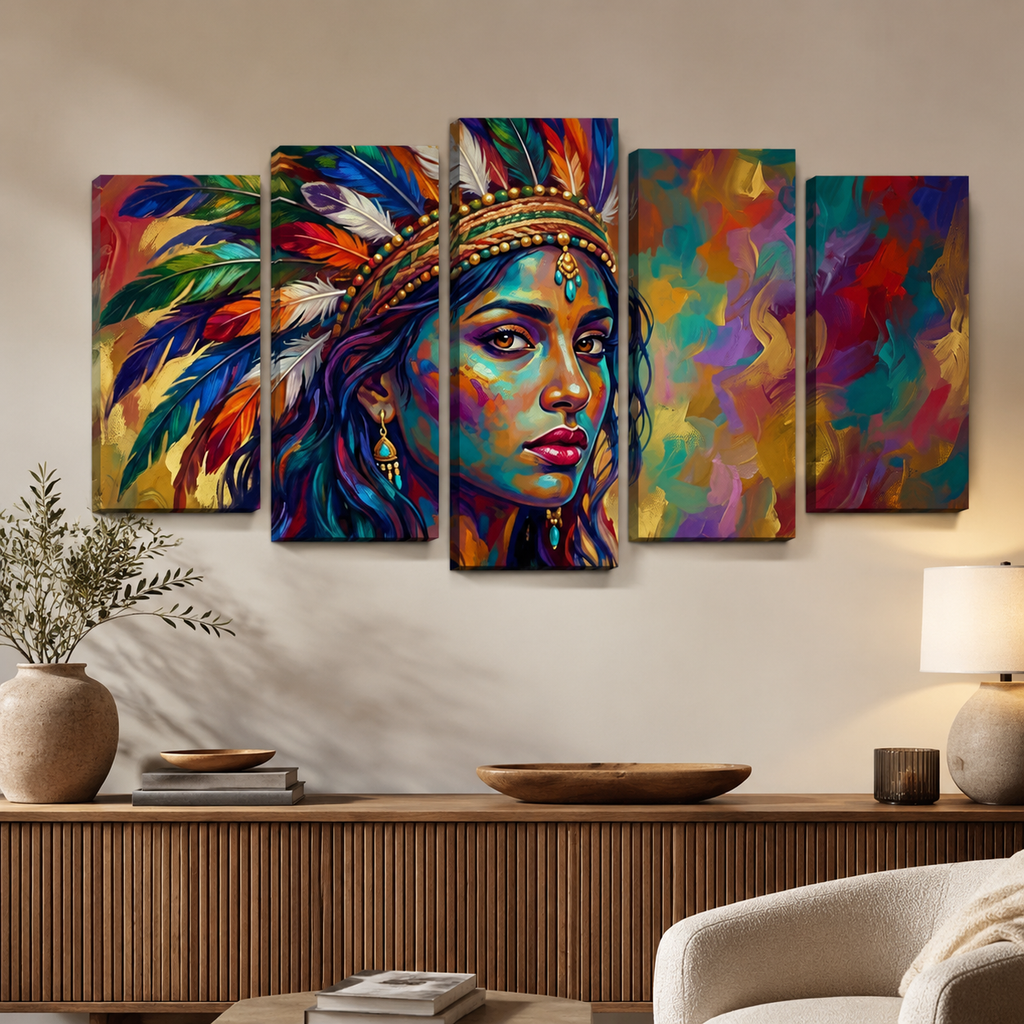 A five-panel canvas wall art set depicting a colorful, expressive portrait of a woman with a feathered headdress, displayed on a beige wall above a wooden console table in a styled living room.