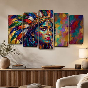A five-panel canvas wall art set depicting a colorful, expressive portrait of a woman with a feathered headdress, displayed on a beige wall above a wooden console table in a styled living room.