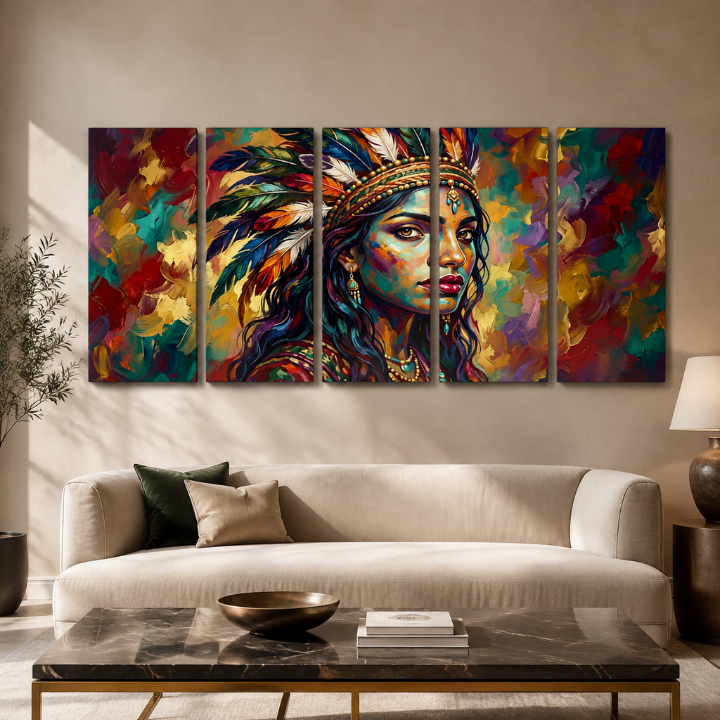 A five-panel canvas wall art set depicting a colorful, textured portrait of a woman with feathers, displayed above a beige sofa in a modern living room setting.