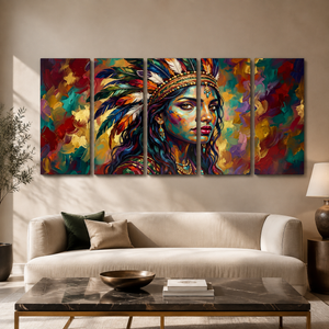 A five-panel canvas wall art set depicting a colorful, textured portrait of a woman with feathers, displayed above a beige sofa in a modern living room setting.