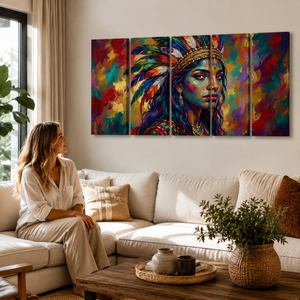 A woman sits on a cream sectional sofa in a bright living room, looking at a large four-panel canvas wall art piece depicting a colorful portrait of a woman with a feathered headdress. The room includes a wooden coffee table, potted plants, and a window.
