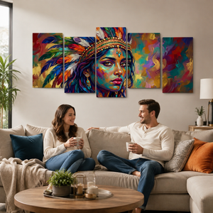 A couple sits on a beige sofa in a modern living room, holding mugs and looking at a large five-panel canvas wall art set depicting a colorful, stylized portrait of a woman with feathers and a headdress.