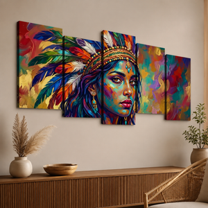 A five-panel canvas wall art set depicting a colorful portrait of a woman with a feathered headdress, displayed on a beige wall above a wooden console table with decorative plants and bowls.