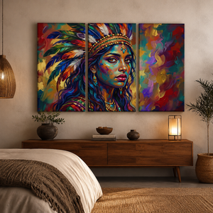 A three-panel canvas wall art set depicting a colorful portrait of a woman with a feathered headdress, displayed above a wooden console table in a modern bedroom setting.