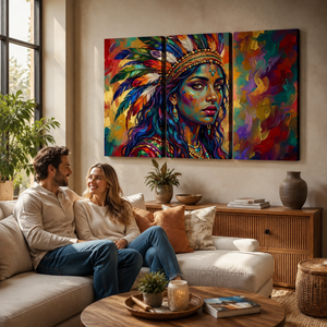 A three-panel canvas wall art set depicting a colorful, expressive portrait of a woman with a feathered headdress, displayed on a beige wall in a modern living room setting with a couple sitting on a sofa below.
