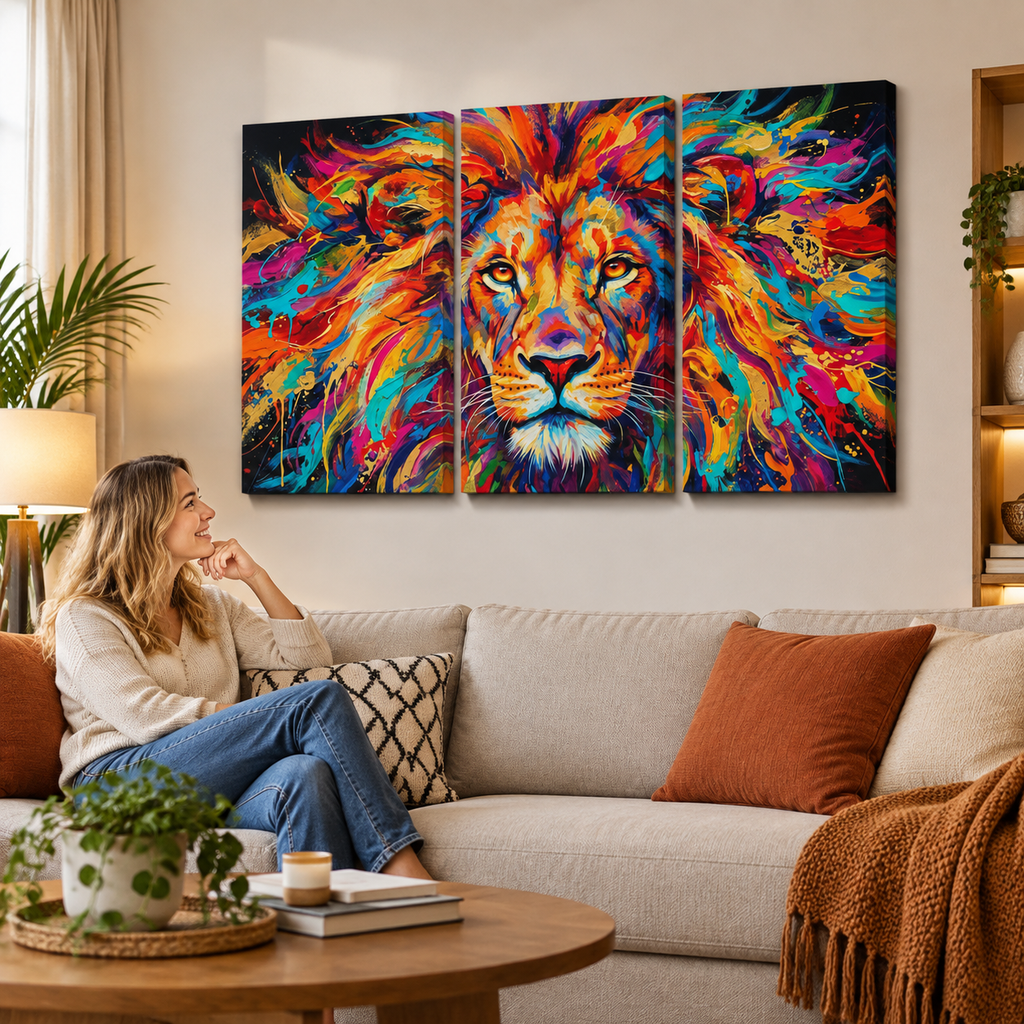 Abstract Colorful Lion Head Mane 1, 3, 5 Split Canvas Panel Wall Art Print