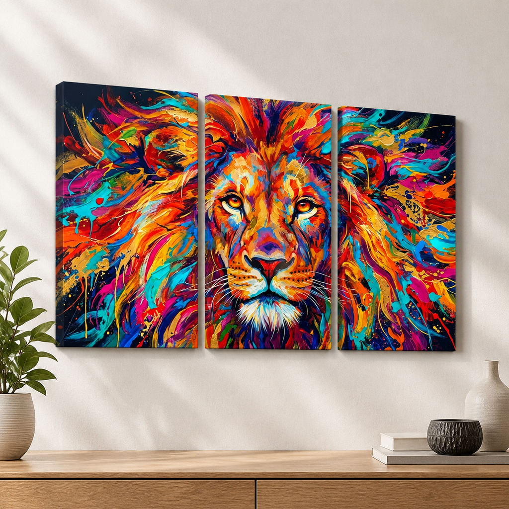 Abstract Colorful Lion Head Mane 1, 3, 5 Split Canvas Panel Wall Art Print