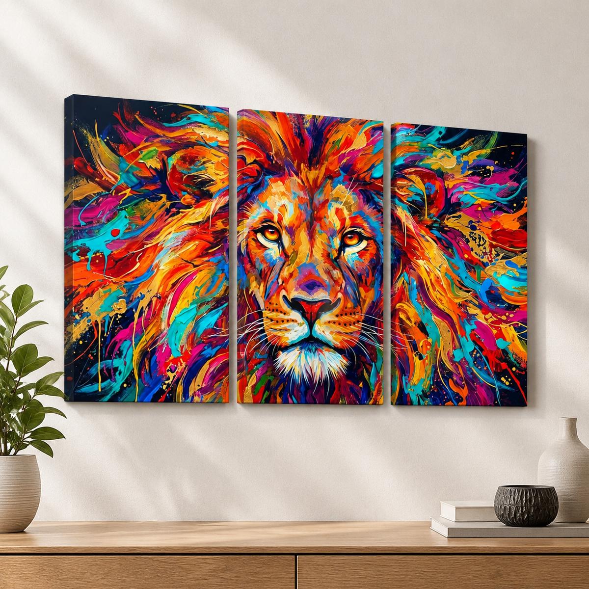 Abstract Colorful Lion Head Mane 1, 3, 5 Split Canvas Panel Wall Art Print