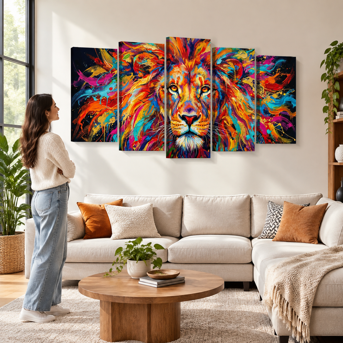 A woman stands beside a beige sectional sofa in a bright living room, looking at a five-panel canvas wall art set depicting a colorful, expressive lion face. The artwork features vivid orange, yellow, red, blue, and purple tones against a dark background.