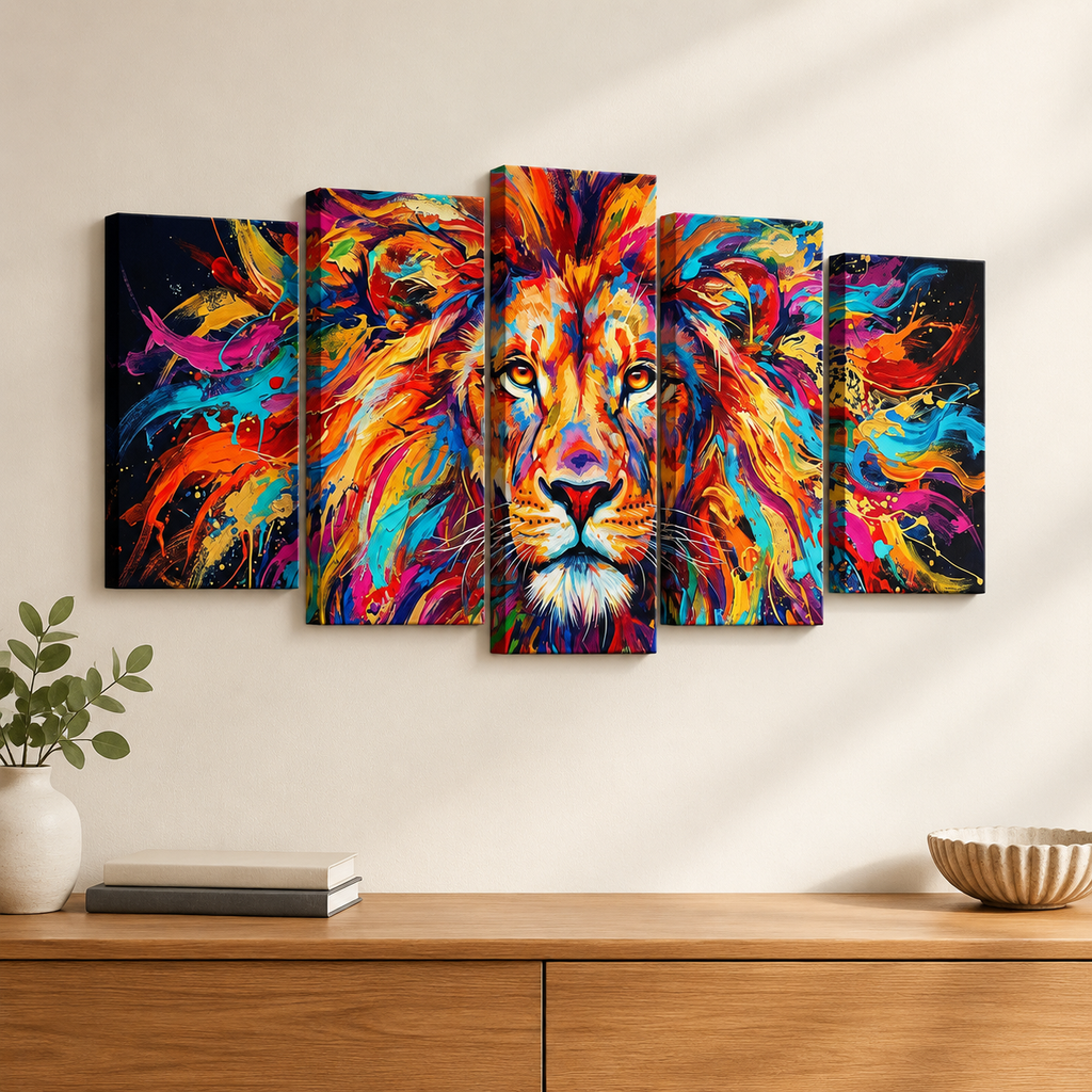 Abstract Colorful Lion Head Mane 1, 3, 5 Split Canvas Panel Wall Art Print